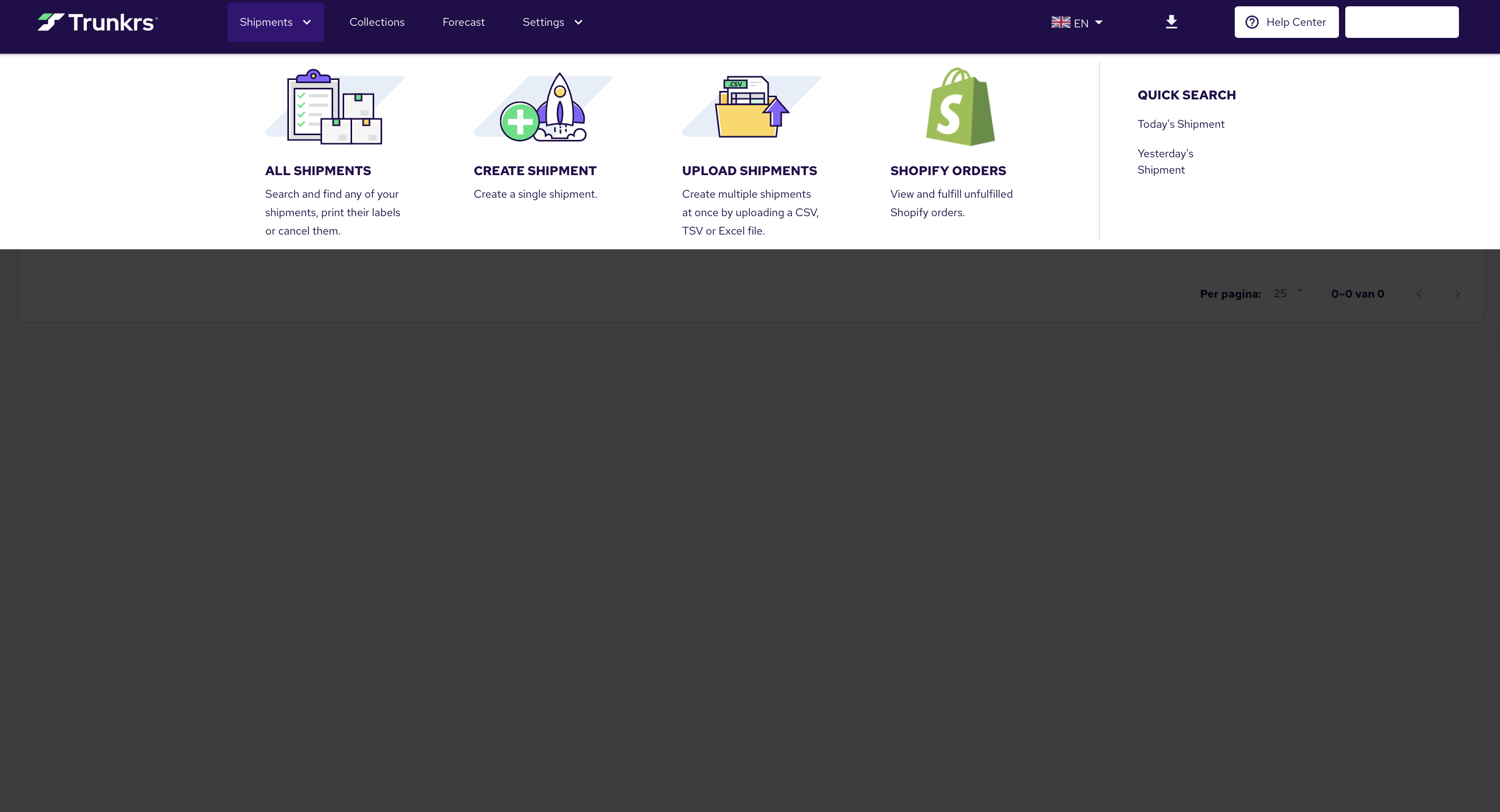 Shopify orders in Trunkrs Portal
